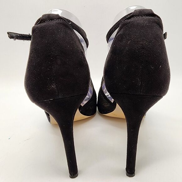 BCBG Black Mesh Floral Lace Stiletto Heels Size 11 Ankle Strap Open Toe Wedding - Picture 5 of 13